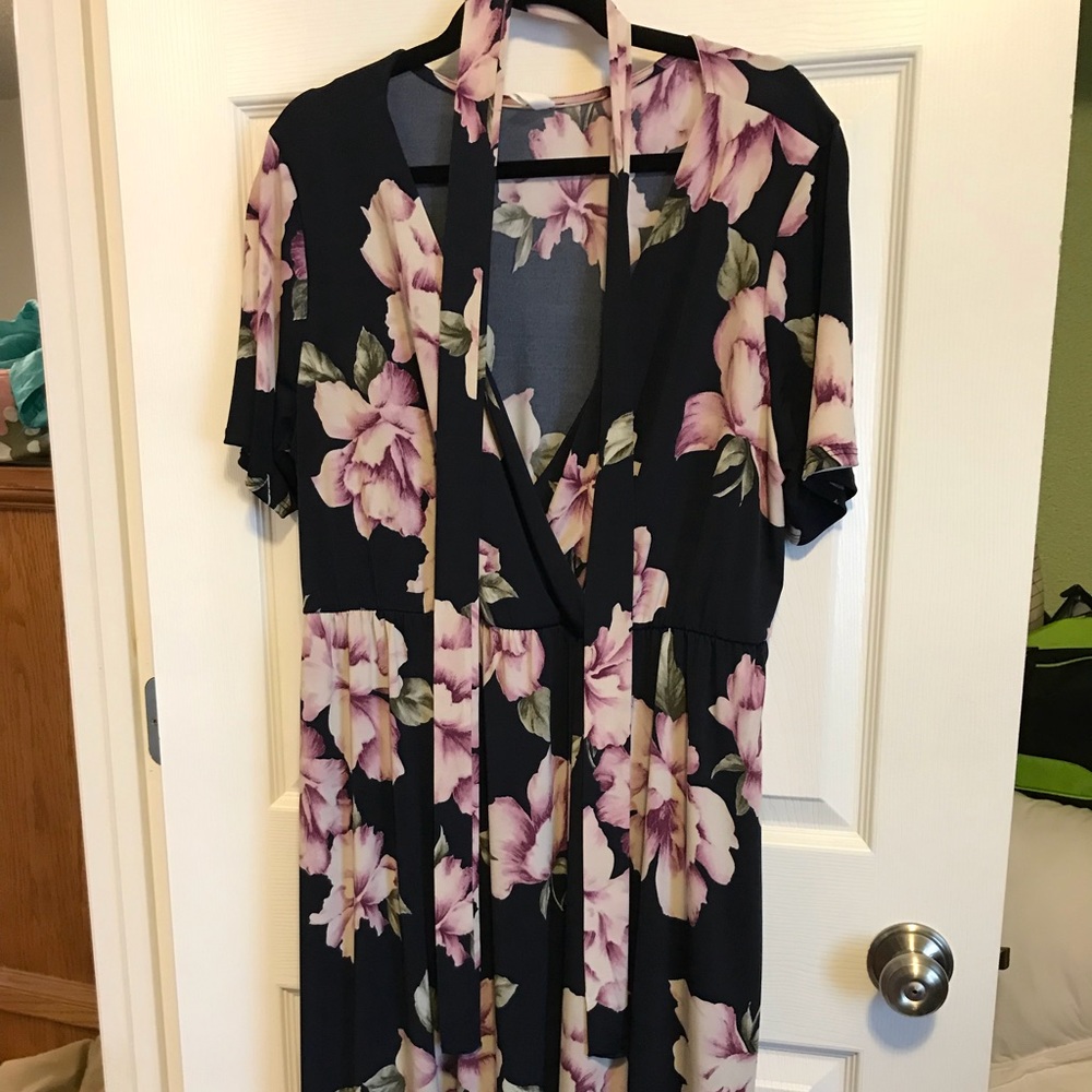 Pink Blush maternity floral wrap dress.